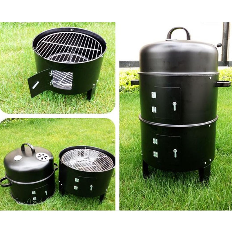 2X 3 In 1 Barbecue Smoker Grill Black Porcelain Coated Steel 40cm Dia 80cm H