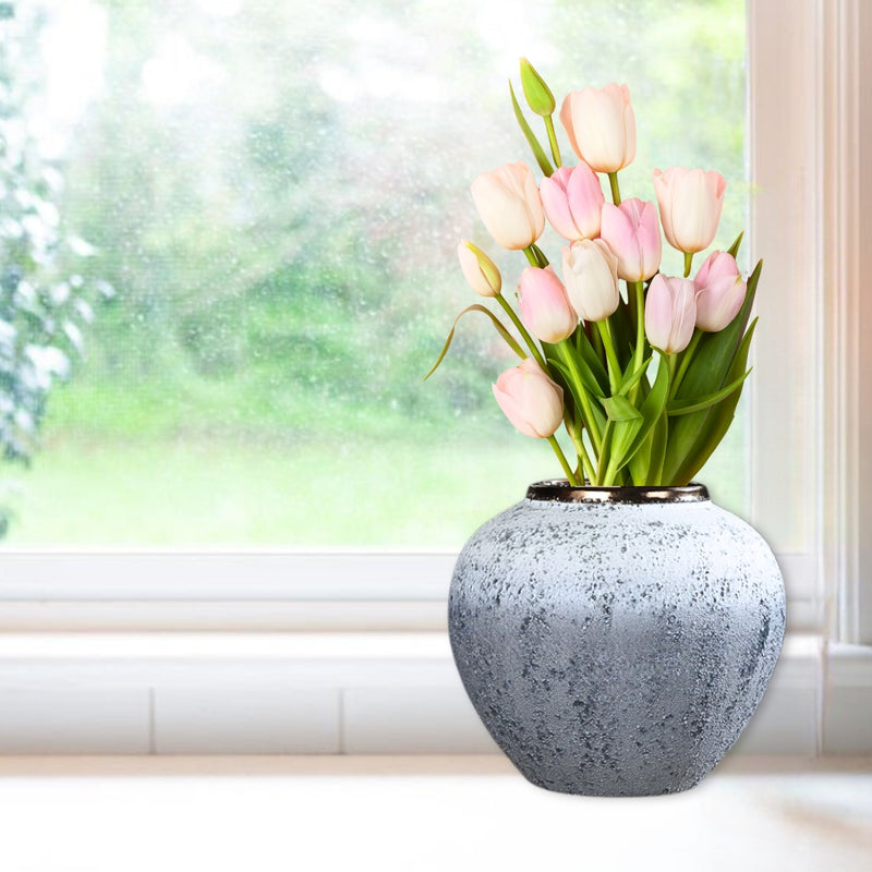 Small Handcrafted Ceramic Flower Vase 21x22cm White Grey