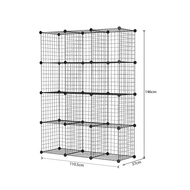 2X Black 12 Cube Iron Wire Mesh Organizer 110.5x37x146cm 2 To 3Kg Capacity