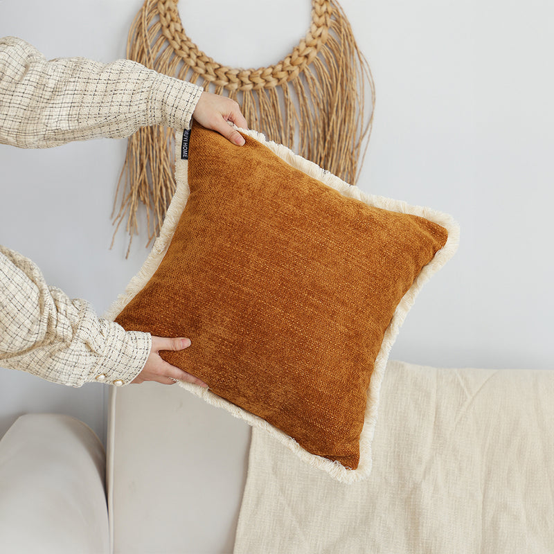 Sunset Orange Chenille Throw Pillow 45cm Textured with Tassels Cozy Home Decor