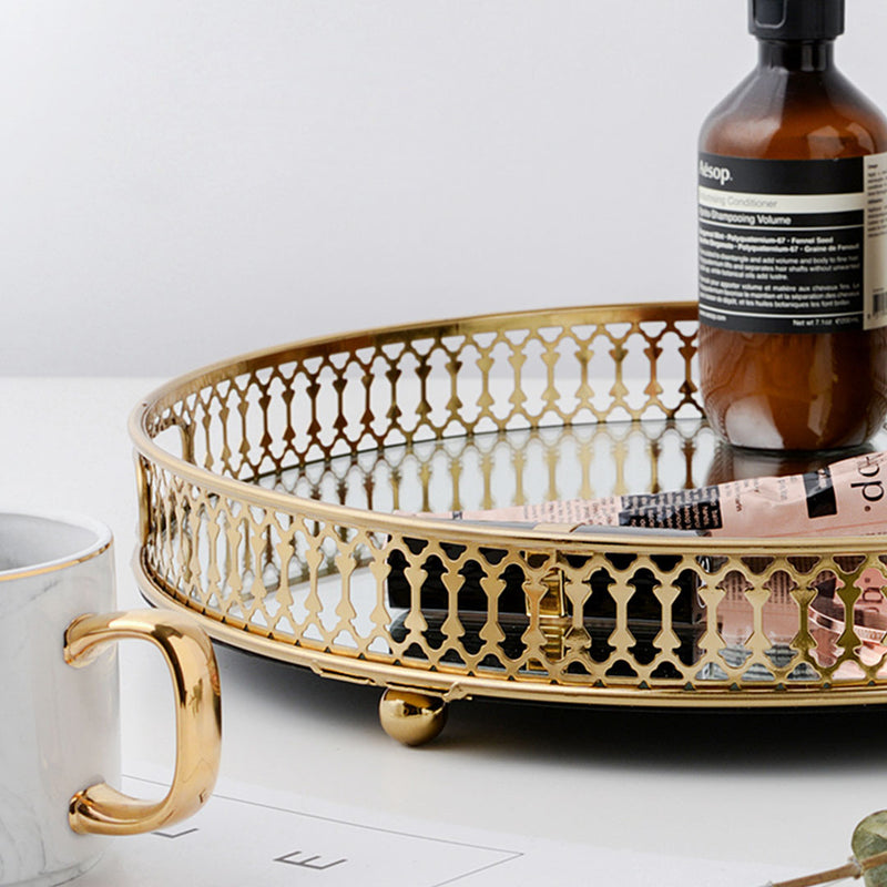 Gold 32cm Round Mirror Vanity Tray Glass Metal Makeup Jewelry Organizer