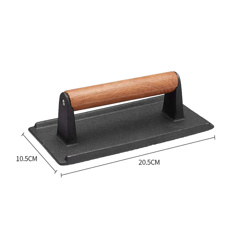 Cast Iron Meat Bacon Steak Press Grill BBQ Wood Handle Non-Stick 20cm 0.9kg