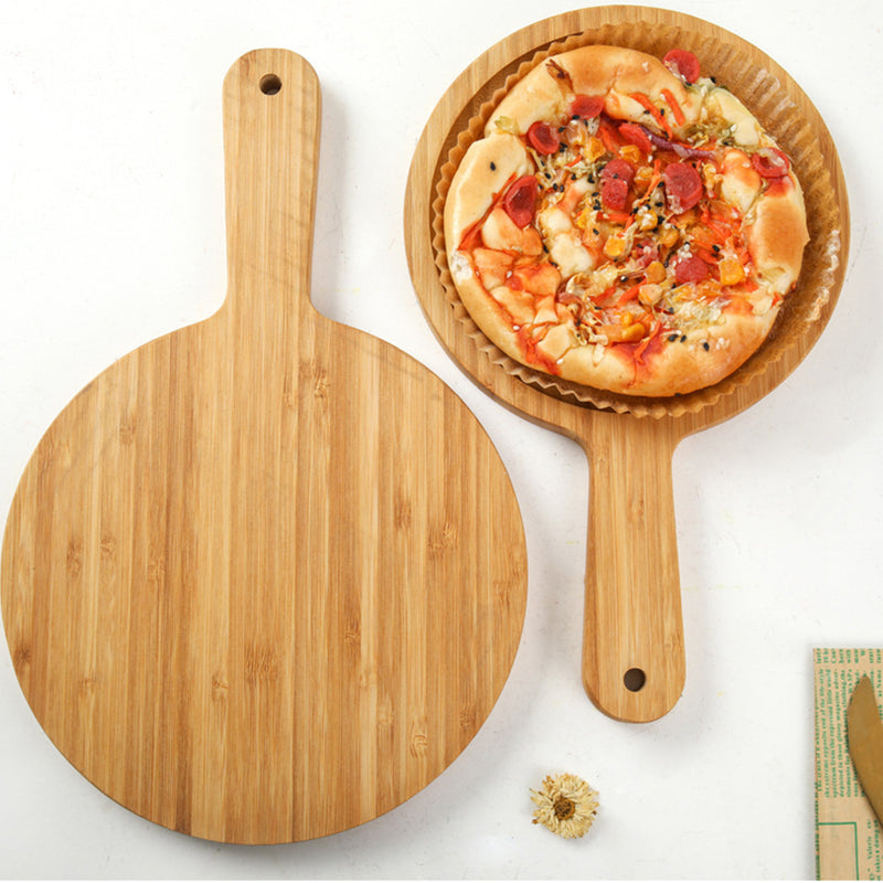 2X 11 Inch Bamboo Round Serving Trays With Handle Blonde Kitchen Decor