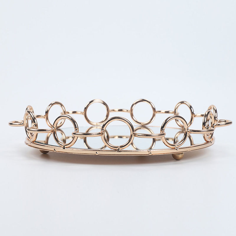 33cm Bronze Round Vanity Tray Glass Mirror Metal Wireframe Handles