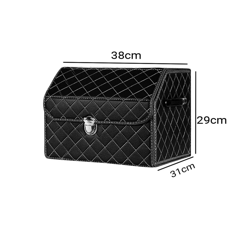 Leather Car Boot Organizer Box Collapsible Foldable With Lock Black Stitch
