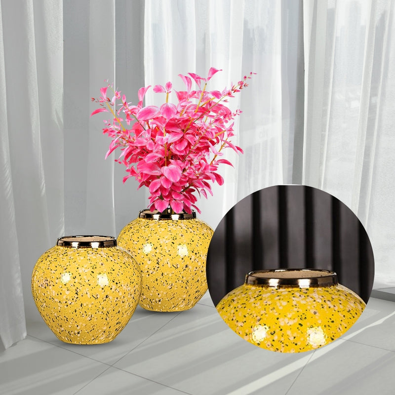 Small Yellow with White Ceramic Flower Vase Elegant Home Decor Display Piece