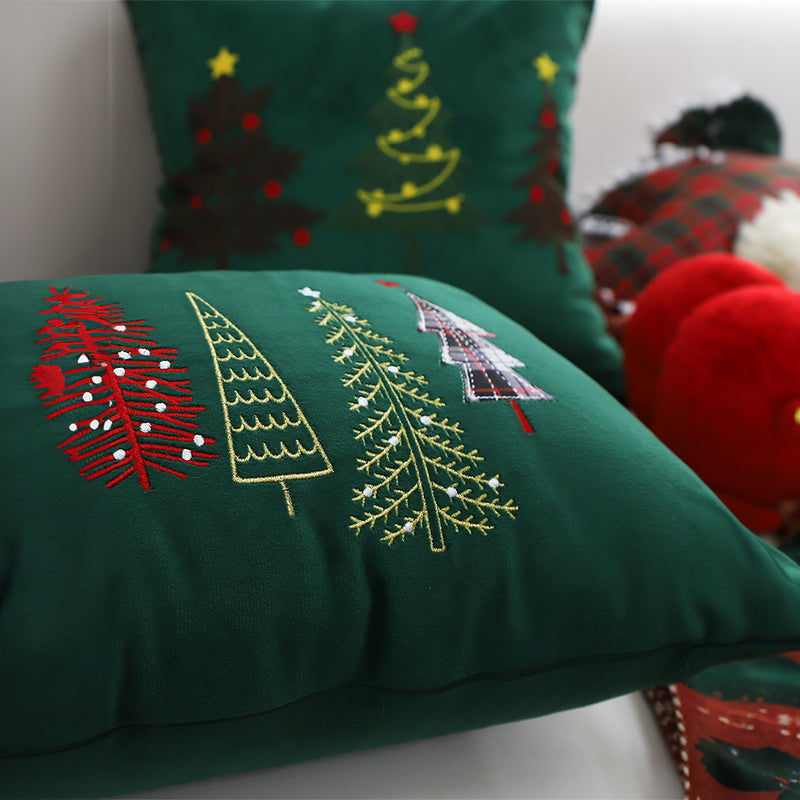 2X Green Embroidered Christmas Forest Throw Pillow 30cm Lumbar Holiday Decor
