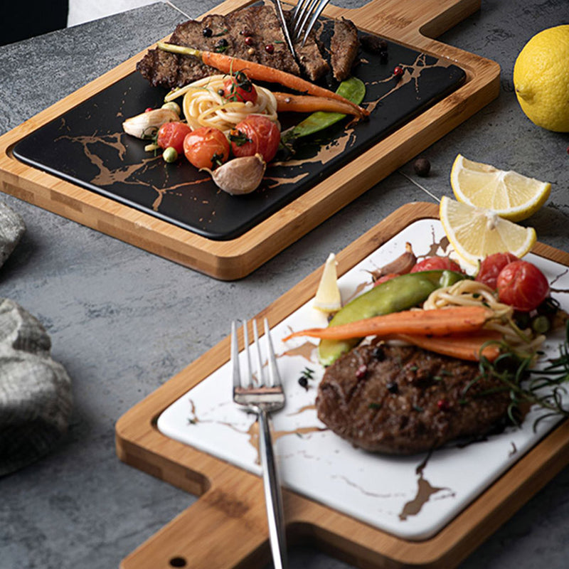 Square Wooden Serving Tray 33.5cm White Slate Center Food Platter Board Decor