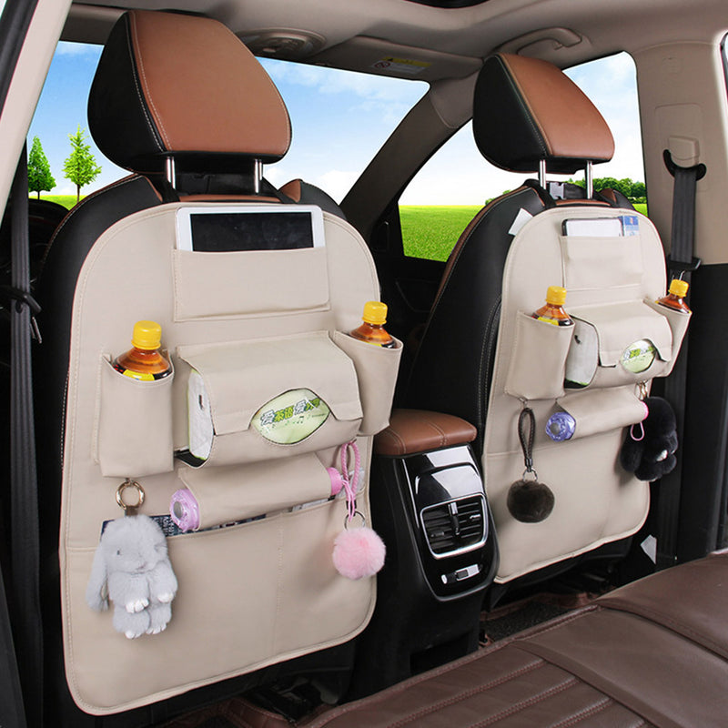 Pvc Leather Backseat Organizer 50x65cm Multi Pocket Tablet Tissue Bottle White