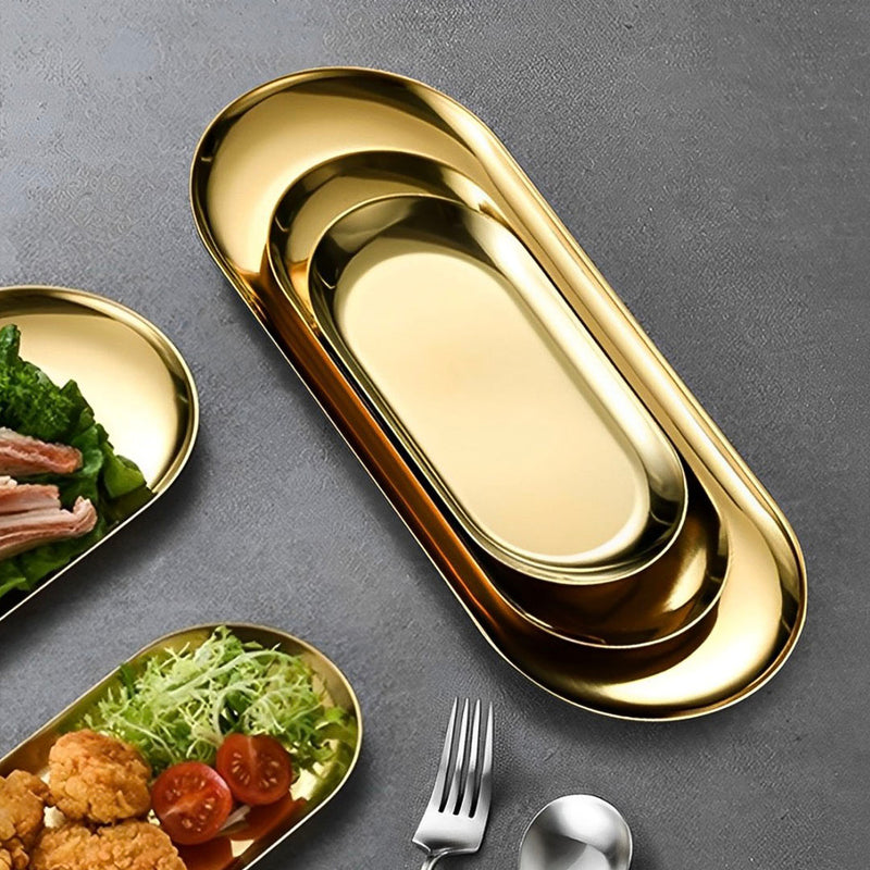 Oval Stainless Steel Plate Set 3 Pieces Small Medium Large Gold Nordic