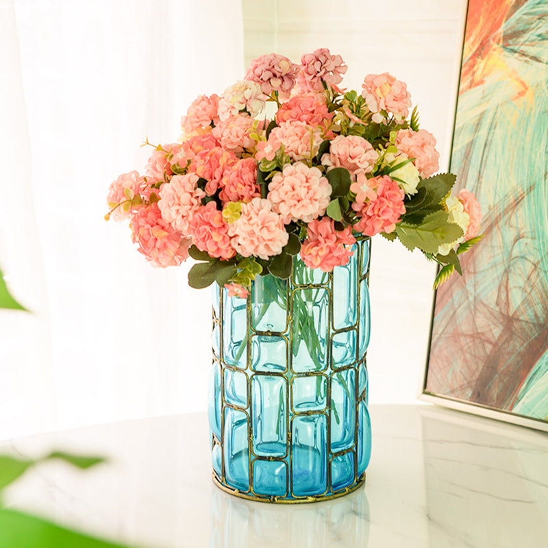 Blue Glass Flower Vase Gold Metal Pattern Home Decor 11x11x23cm Indoor Outdoor