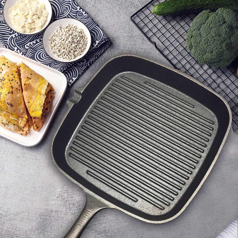 Square Ribbed Cast Iron Fry Pan Skillet 23.5cm Nonstick With Handle Black