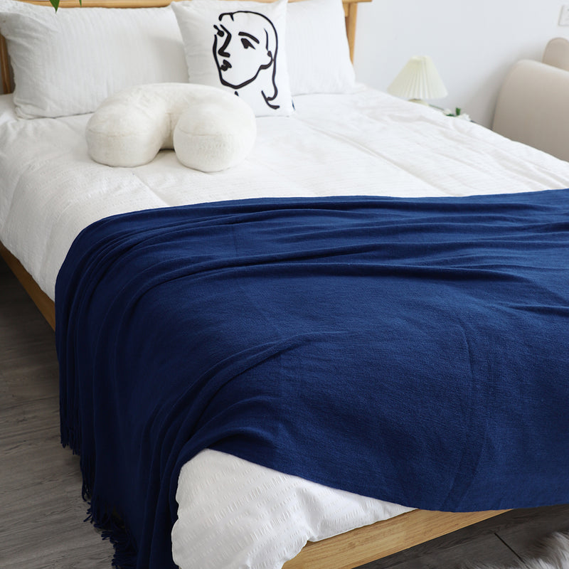 Acrylic Knitted Throw Blanket Royal Blue 130cmx220cm Fringed Cozy Home Decor