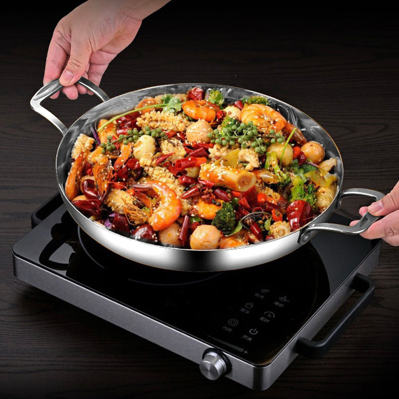24cm Flat Base Stainless Steel Seafood Dry Pot Silver Nonstick With Lid