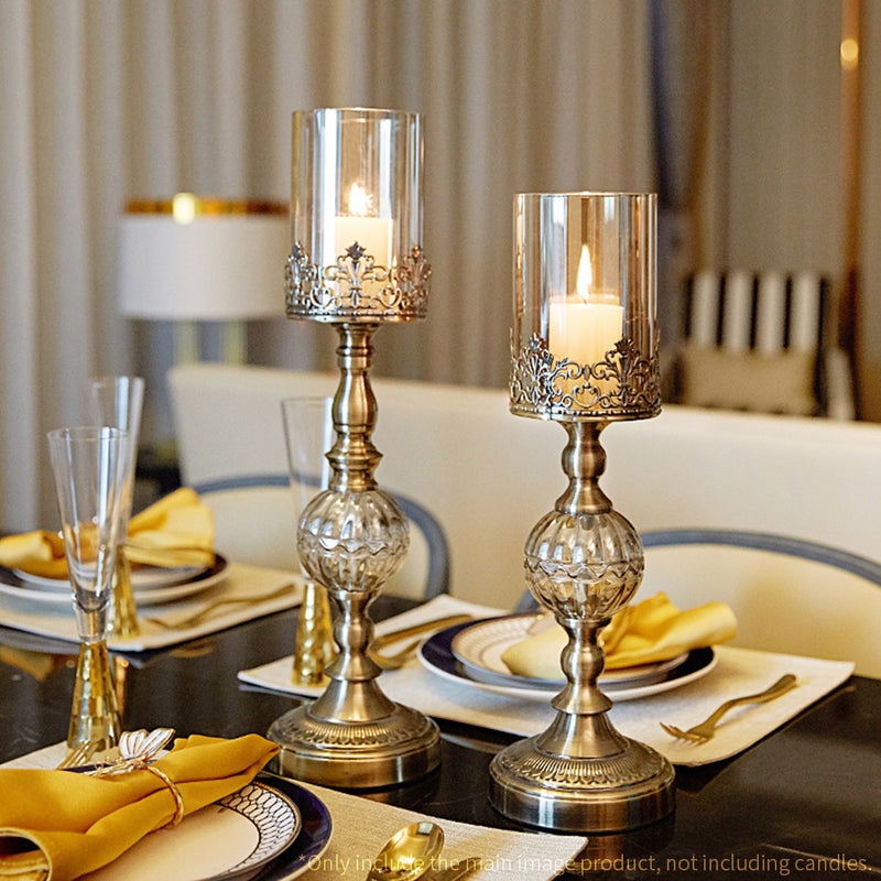 2X 47cm Tall Glass And Metal Candle Holders Centerpiece