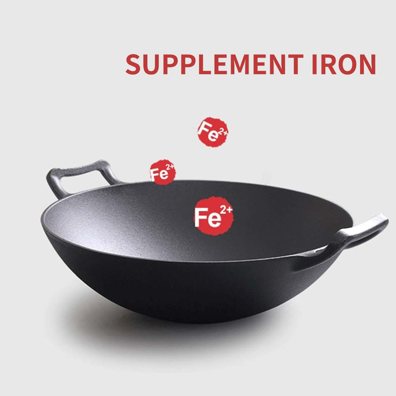 2X 36CM Cast Iron Wok Fry Pan With Wooden Lid Nonstick Black Long Handle