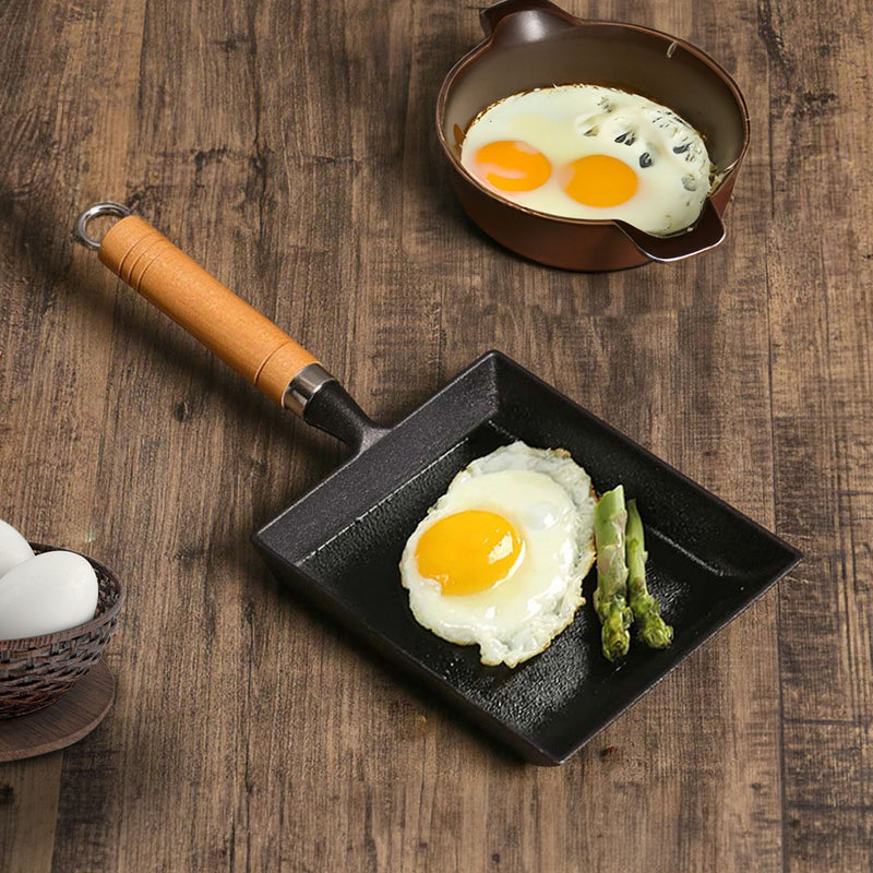 Cast Iron Tamagoyaki Omelette Fry Pan Non-Stick Skillet With Wooden Handle