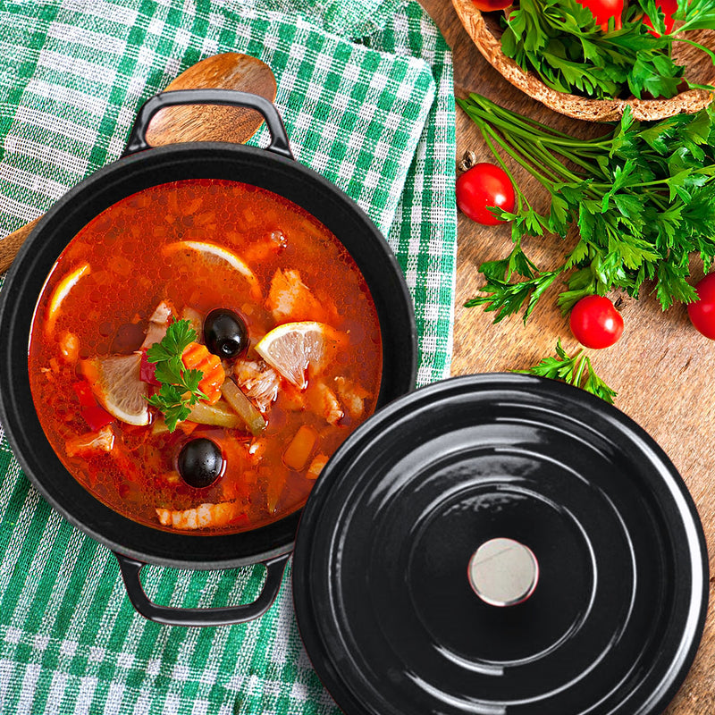 Cast Iron 24cm Casserole Stewpot 3.6L With Lid Black Enamel Interior