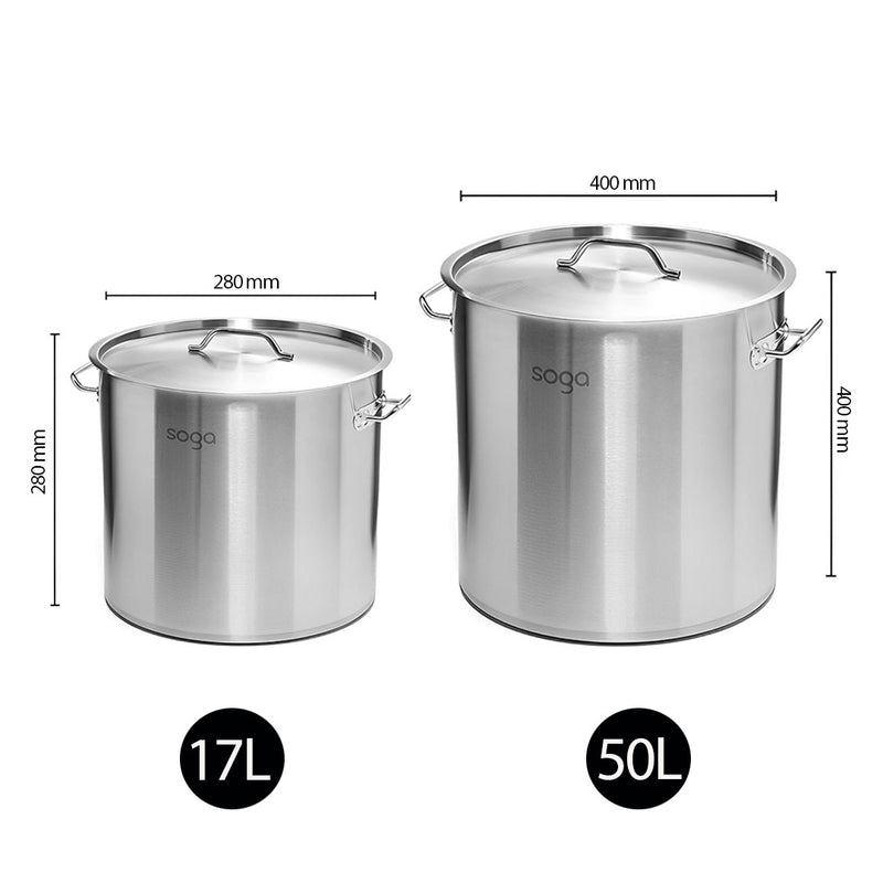 2X Stainless Steel Stock Pot 17L 50L Commercial Grade Heavy Duty Durable