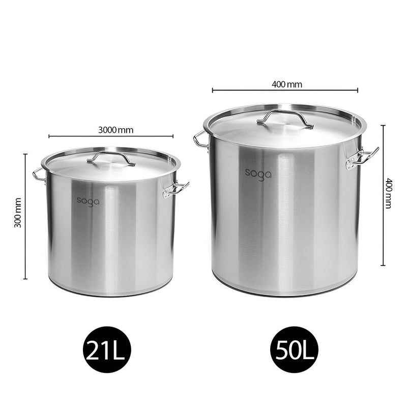 2 X Commercial Grade Stainless Steel Stock Pots 21L 50L 18/10 Induction Ready