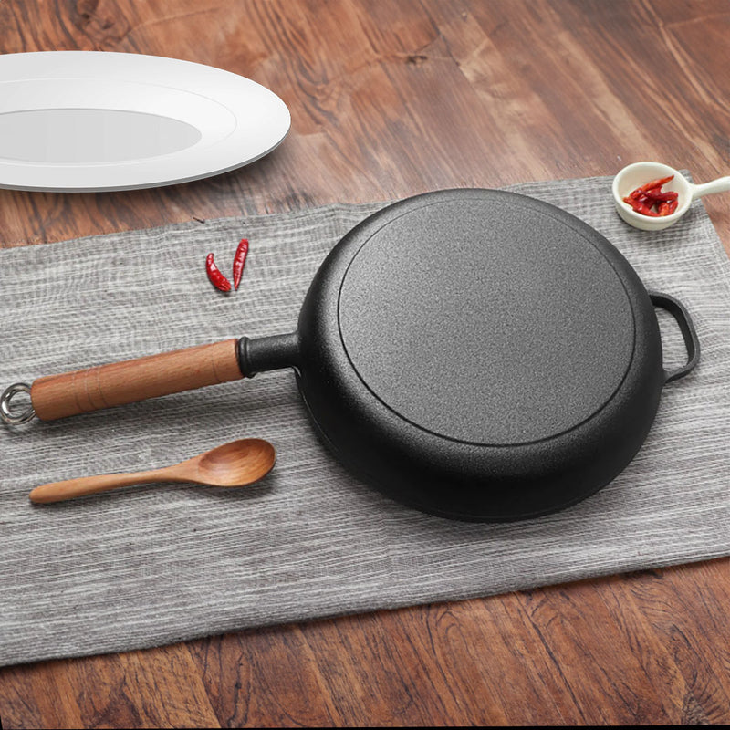2X 25cm Round Cast Iron Skillet Non Stick Pre Seasoned Wooden Helper Handle