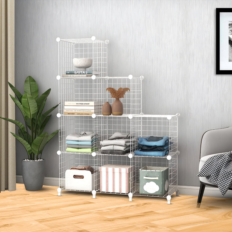 White 9 Cube 3 Column Iron Wire Mesh Storage Organiser 110.5x37x149cm Foldable