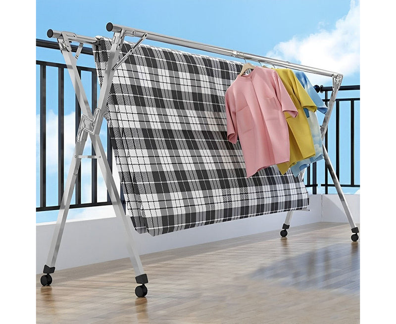 2.0m Stainless Steel Drying Rack Portable Foldable Wheeled Silver 40kg Capacity