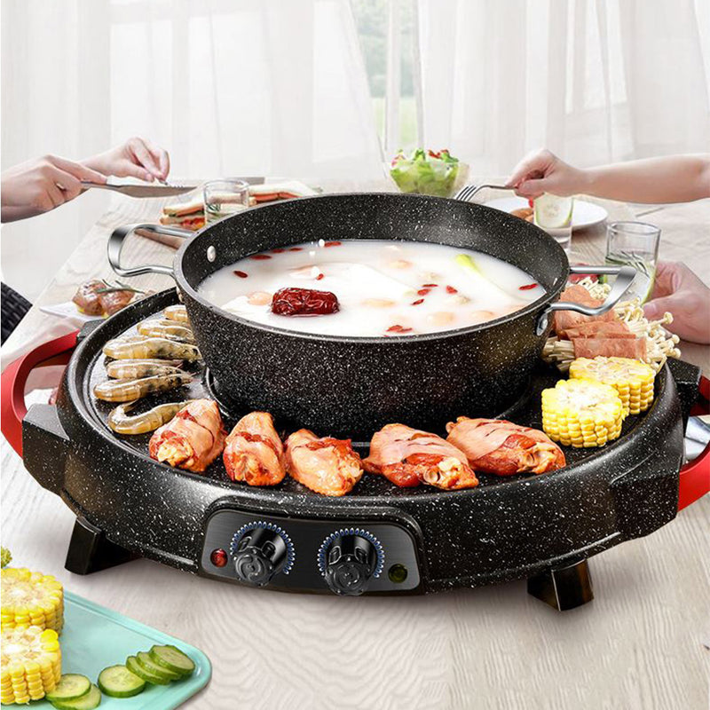 2X Electric Stone Coated Teppanyaki Grill And Steamboat Hotpot 27cm 47cm Black
