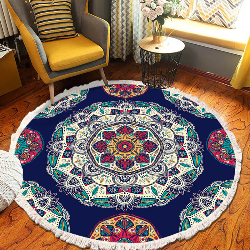 90cm Round Mandala Area Rug Polyester Non Slip Backing Blue