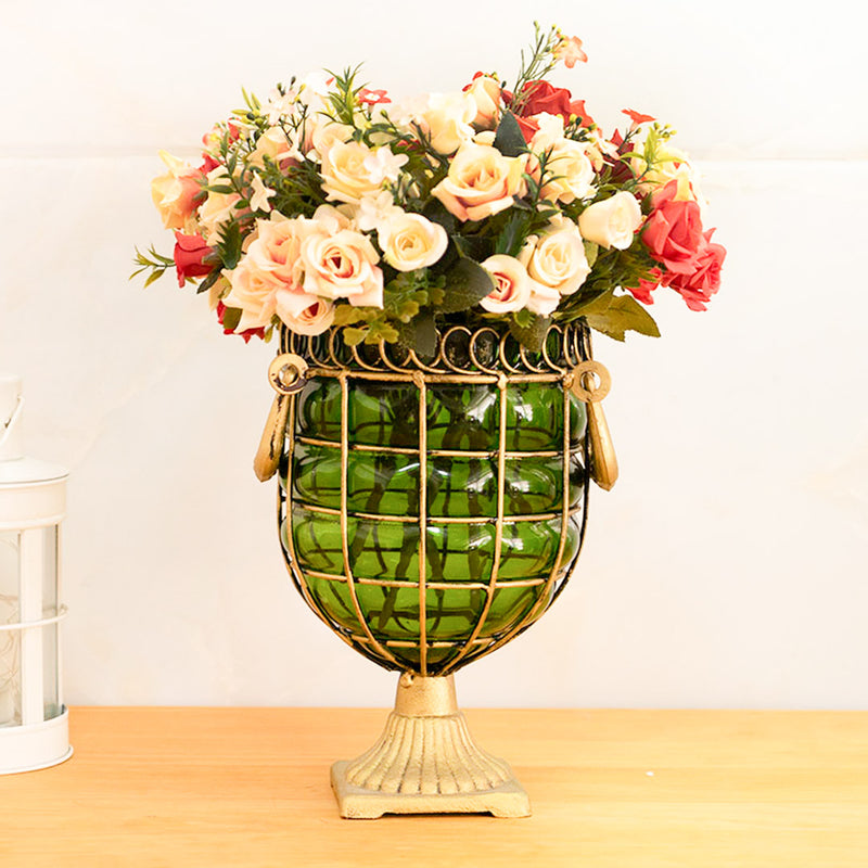 Green Glass Jar Flower Vase Solid Base Metal Handle 10x16x26cm Home Decor