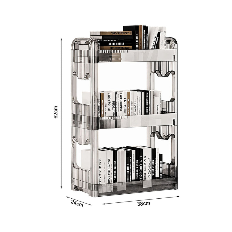 2X Clear 3 Tier Bookshelf Cosmetic Organizer Rack Storage 38x24x62cm With Wheels