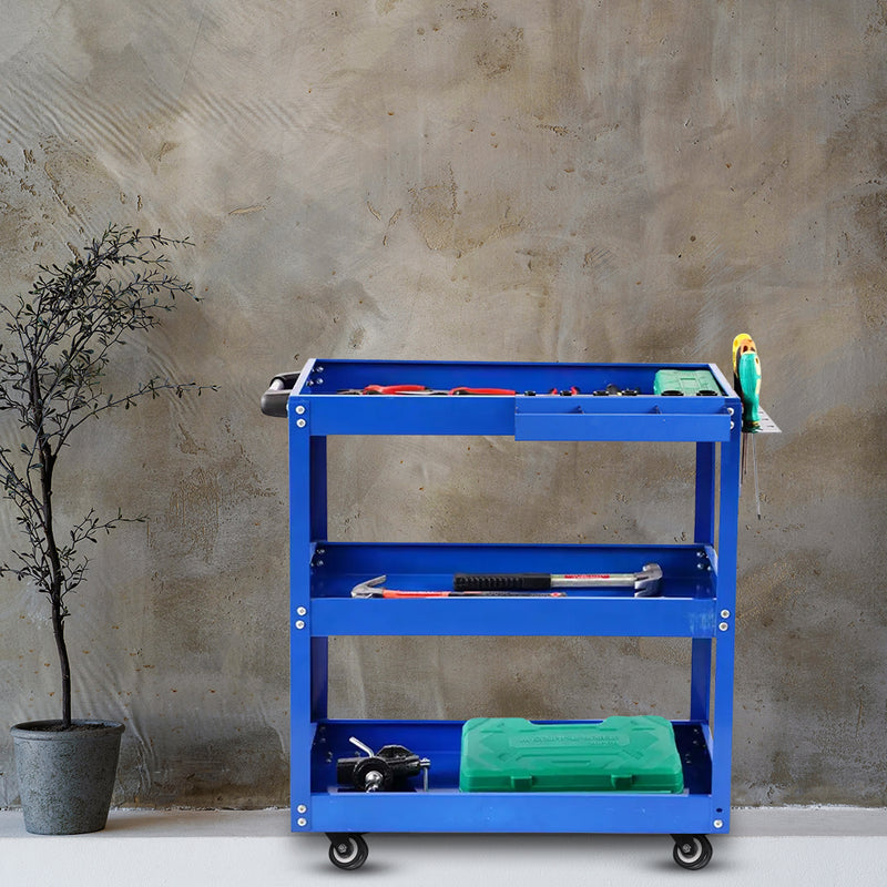 2X 3 Tier Tool Storage Cart Cold Rolled Steel 33kg Capacity Blue 66x36x73cm