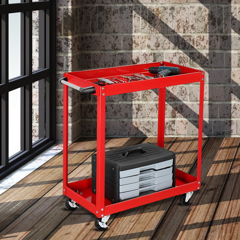 2 Tier Tool Cart Cold-rolled Steel Portable Utility Trolley Red 25kg Capacity