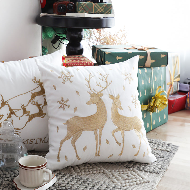 2X 45cm White Plush Throw Pillow Golden Reindeer Cozy Winter Christmas Decor