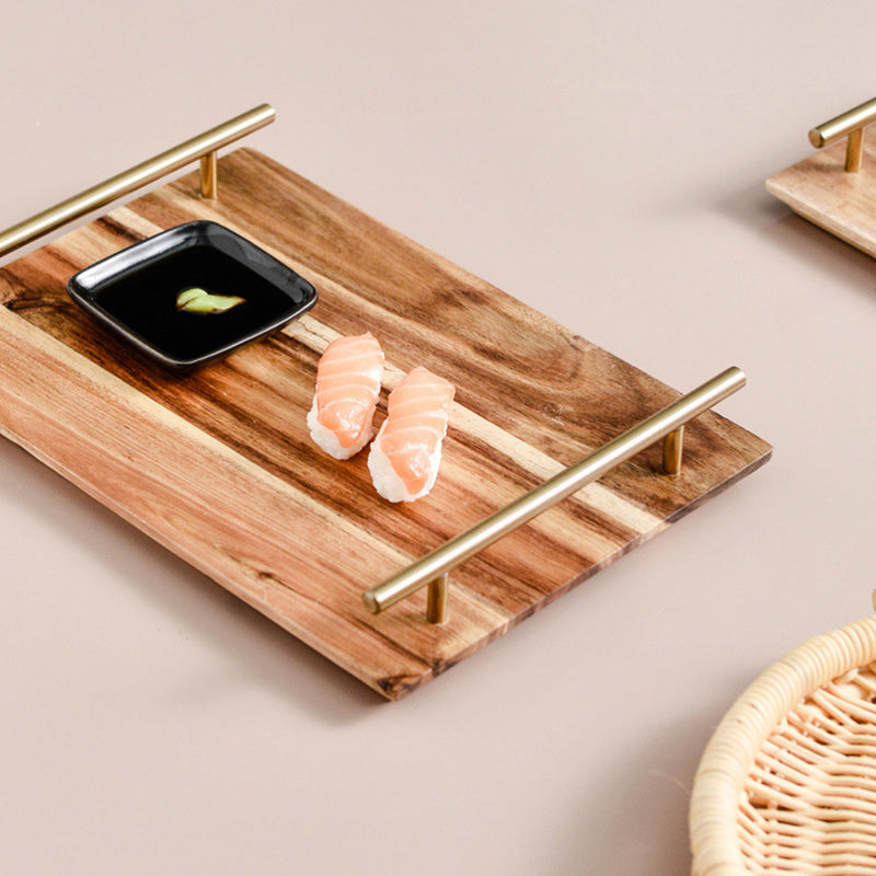 30cm Brown Rectangle Acacia Wood Serving Tray With Metal Handles