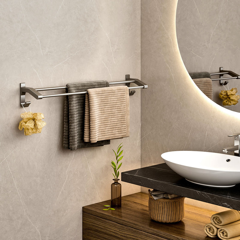 62cm Aluminum Wall Mounted Double Pole Towel Rack Gray Rust Proof With Hooks