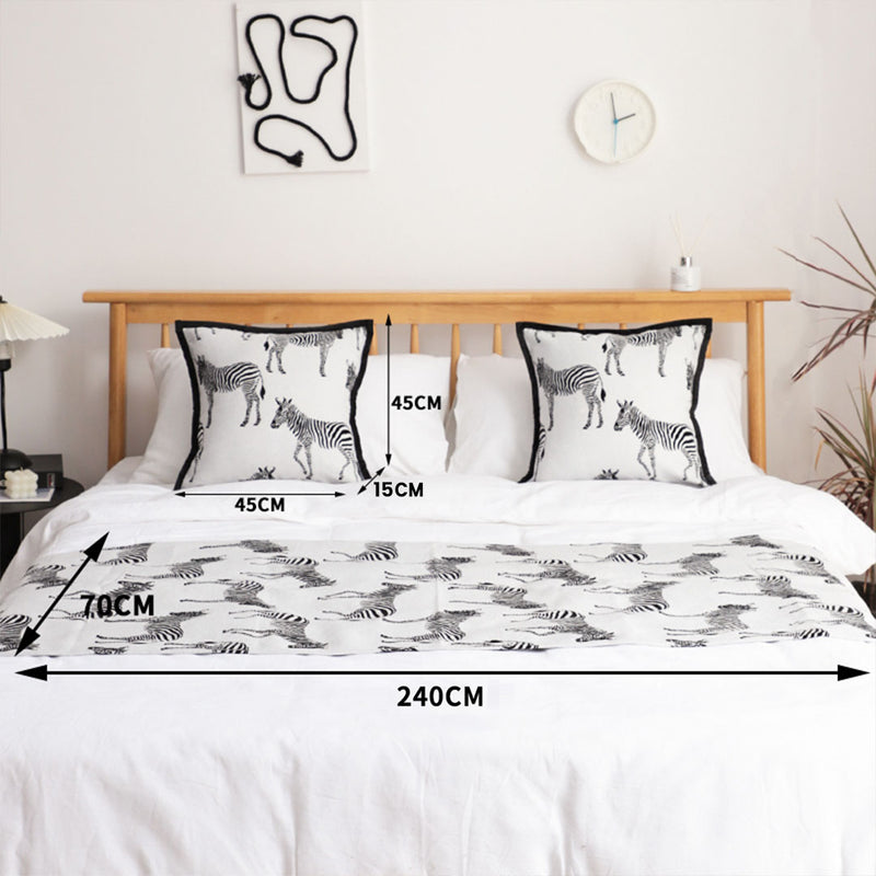 Bed Scarf Runner 1.8m Zebra Polyester 70x240cm 2 Cushions 45cm Light Set of 3