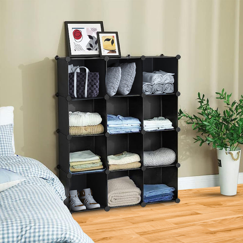 4 Tier 12 Cube Portable Wardrobe Plastic Iron Wire Modular Black 110x37x146cm