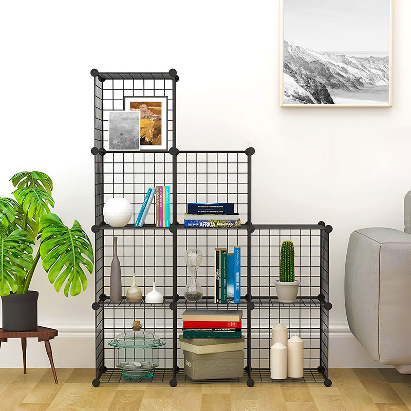 9 Cube 3 Column Iron Wire Mesh Storage Organizer Black 110.5x37x146cm Modular