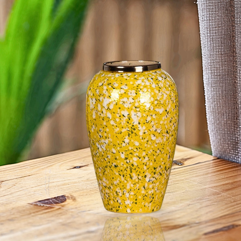 Medium Ceramic Flower Vase 30x19cm Yellow With White Floral Handcrafted