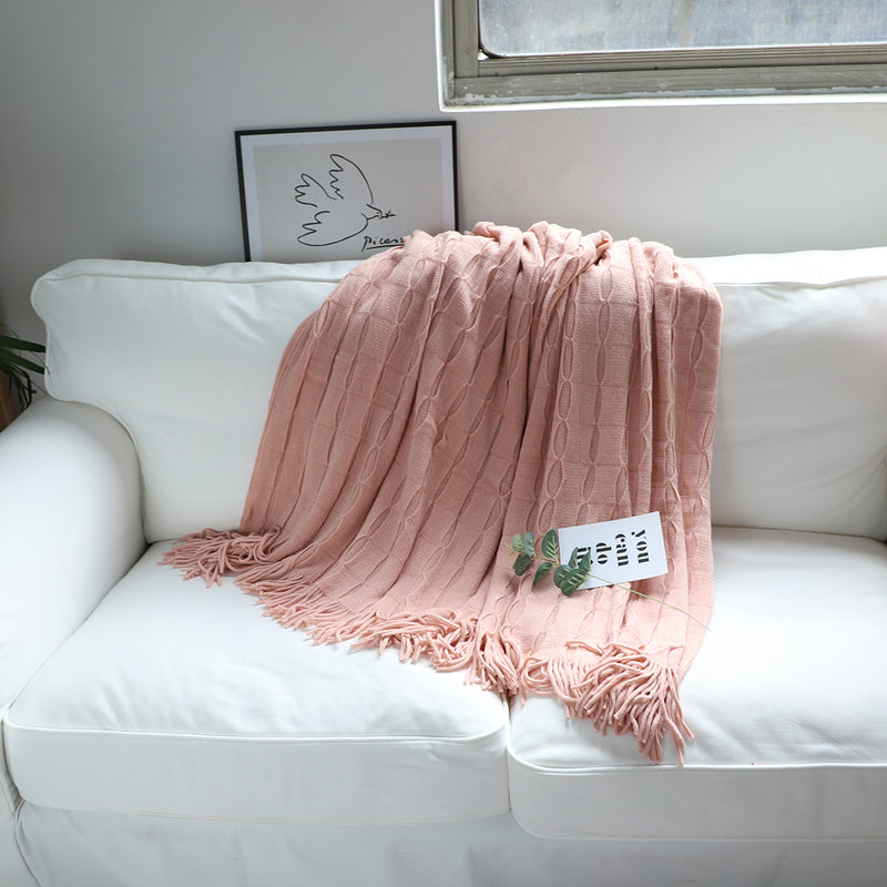 Pink Textured Knitted Throw Blanket Acrylic 130x170cm Cozy Fringes Home Decor