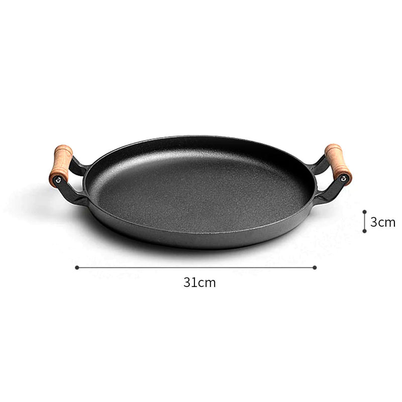 2X Cast Iron Skillet 31cm Preseasoned Non Stick Wood Handle No Lid