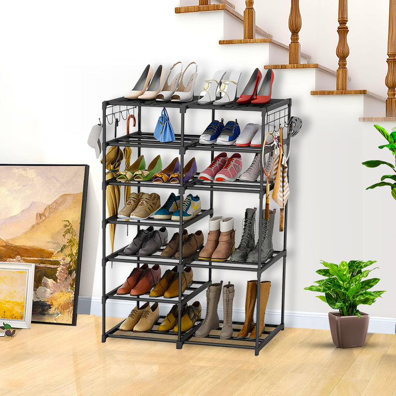 12 Shelf Shoe Storage Rack Organizer Black Space Saving with Side Hooks