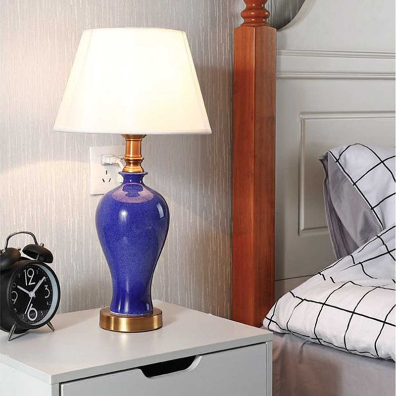 2X Blue Ceramic Oval Table Lamp Gold Metal Base Fabric Drum Shade 46cm