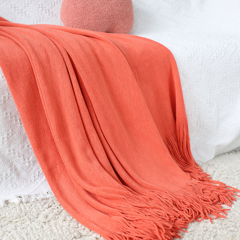 Orange Acrylic Knitted Throw Blanket Solid Fringed 130x220cm Warm Cozy Decor
