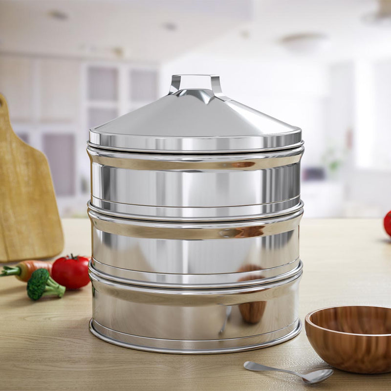 2X Stainless Steel 3 Tier Steamers With Lid 25cm Polished Finish Easy Clean