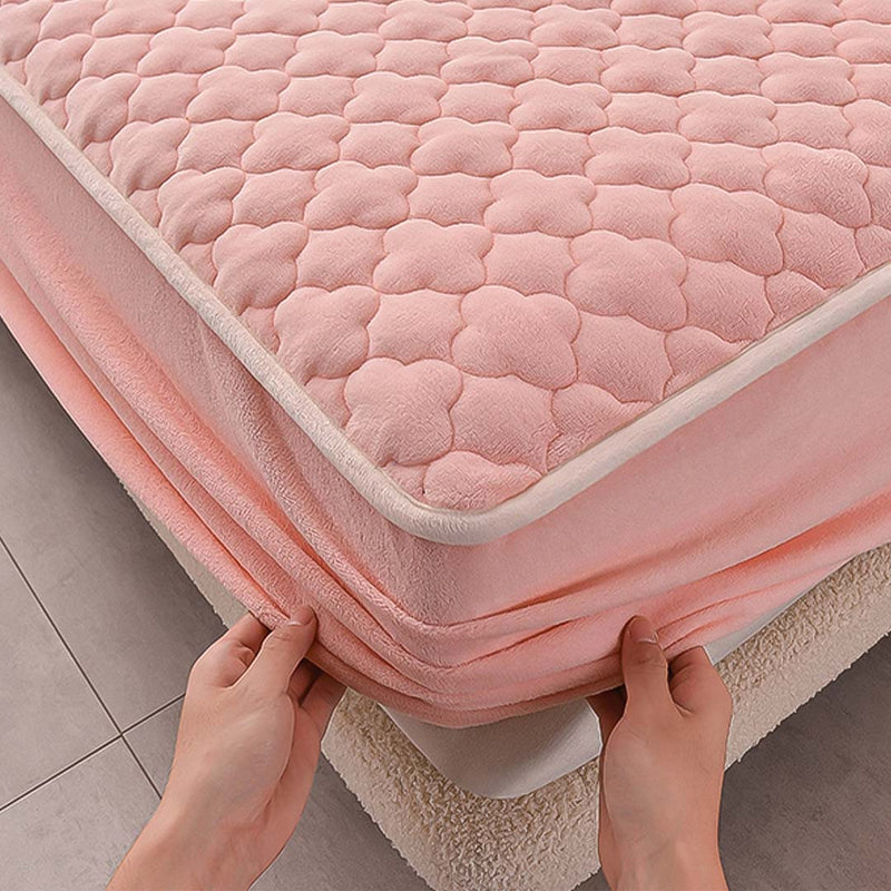 Pink 183cm Quilted Fleece Mattress Cover with Pillow Cases Protector Set
