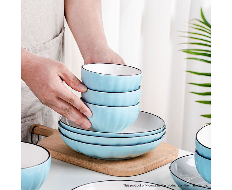 Blue Japanese Ceramic Dinnerware Set of 9 Stackable Bowls Plates Spoons