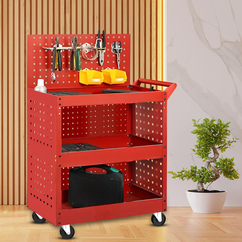 2X 3 Tier Tool Cart Steel 40kg Per Tier Red Ventilated Side Panels Wheels