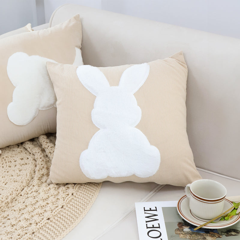 2X 45cm Polyester Throw Pillows Light Tan Square Soft White Rabbit Design